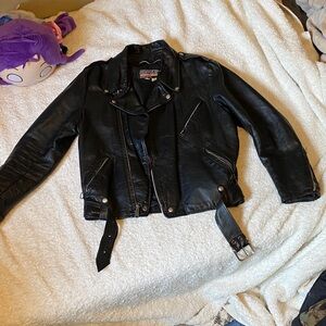 Brooks Leather Sportswear Inc,Black Leather Moto Jacket with Belt